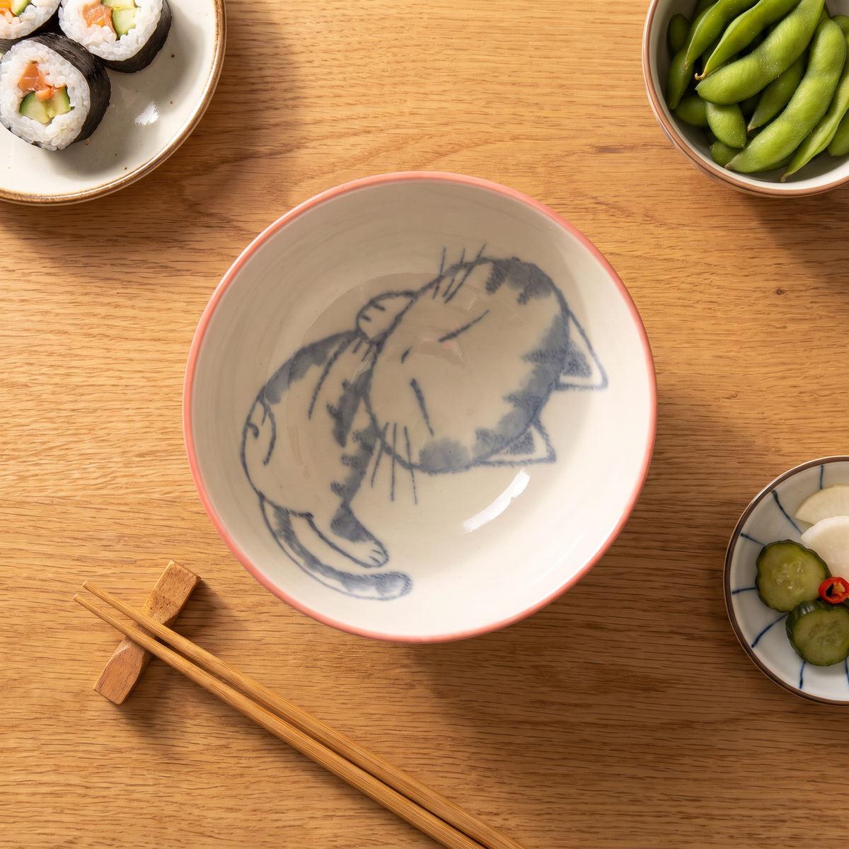 Tokyo Dreams Kawaii Sleeping Cat Ceramic Rice Bowl - 11.5cm (Red)