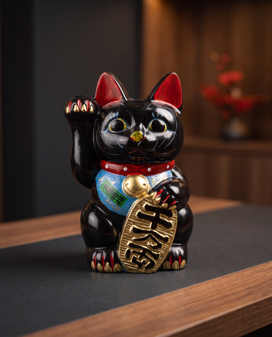 Authentic Tokoname Ware Japanese Black Lucky Cat (Maneki Neko) 24cm Height – Right Hand  for Wealth & Protection, Made in Japan