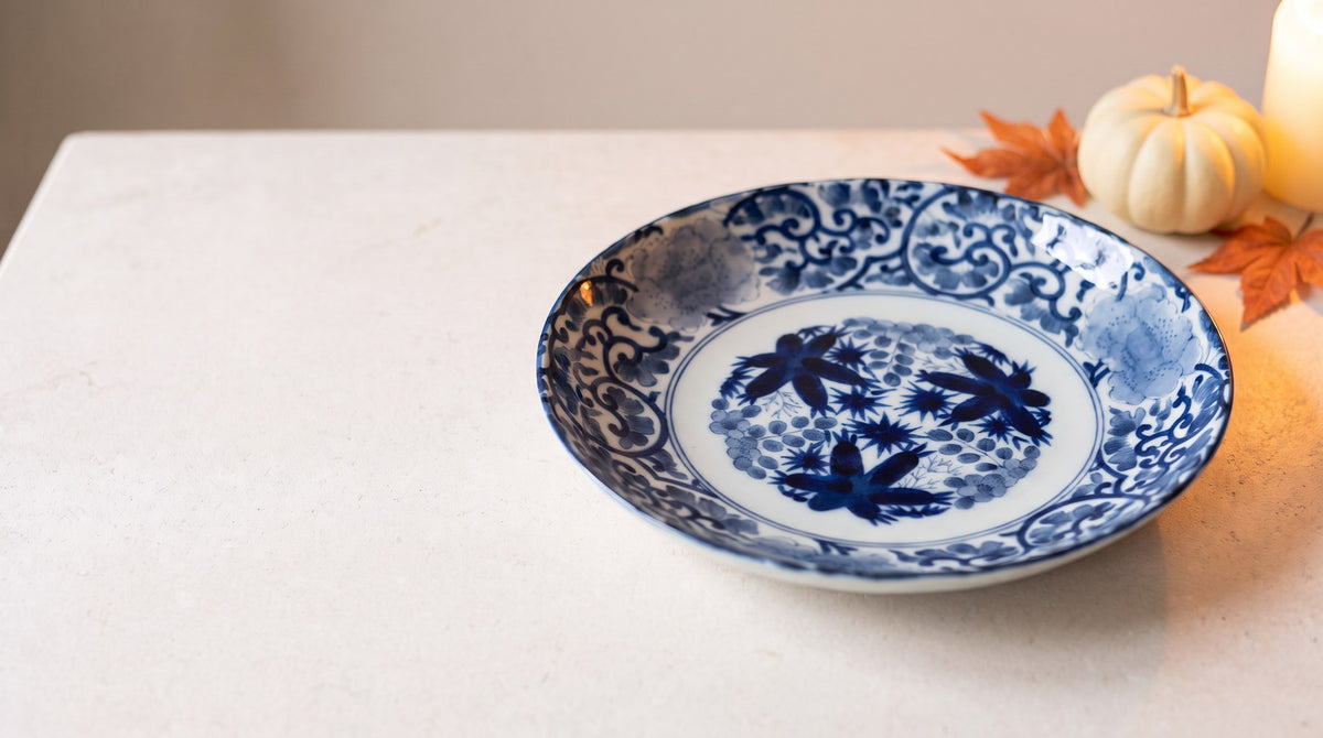 Blue Maple Blossom Ceramic Bowl & Plate | Made in Japan