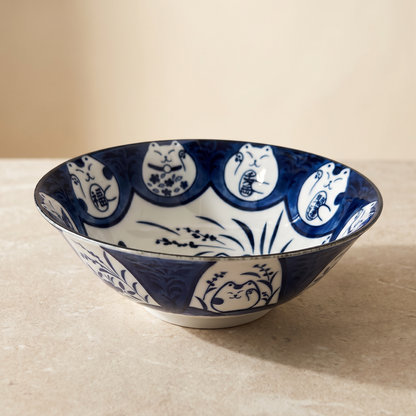 Japanese Ramen Bowl – Blue and White Ceramic Lucky Cat (Maneki-Neko) Large Noodle Bowl