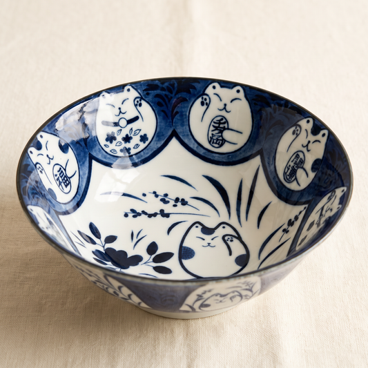 Japanese Ramen Bowl – Blue and White Ceramic Lucky Cat (Maneki-Neko) Large Noodle Bowl