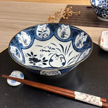 Japanese Ramen Bowl – Blue and White Ceramic Lucky Cat (Maneki-Neko) Large Noodle Bowl