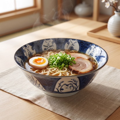 Japanese Ramen Bowl – Blue and White Ceramic Lucky Cat (Maneki-Neko) Large Noodle Bowl