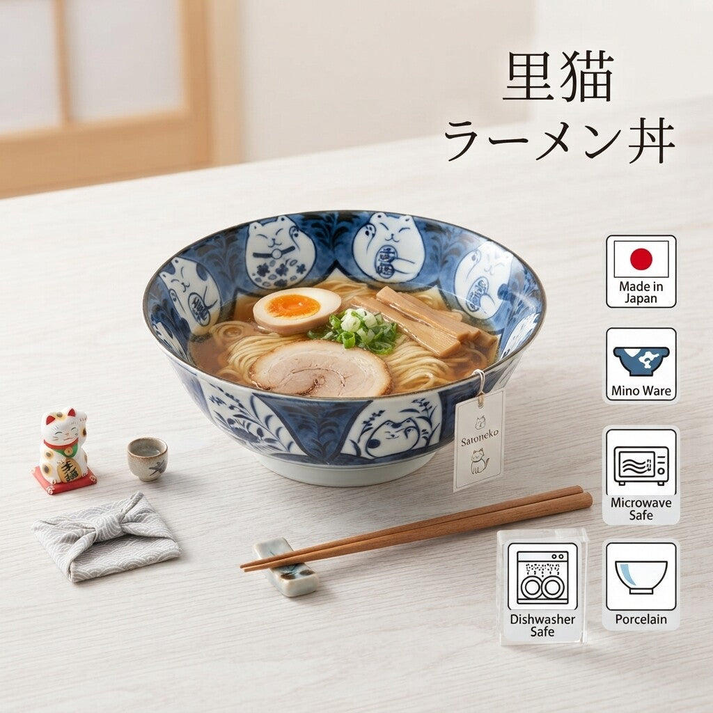 Japanese Ramen Bowl – Blue and White Ceramic Lucky Cat (Maneki-Neko) Large Noodle Bowl