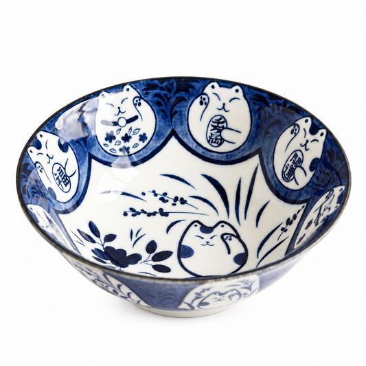 Japanese Ramen Bowl – Blue and White Ceramic Lucky Cat (Maneki-Neko) Large Ramen Bowl