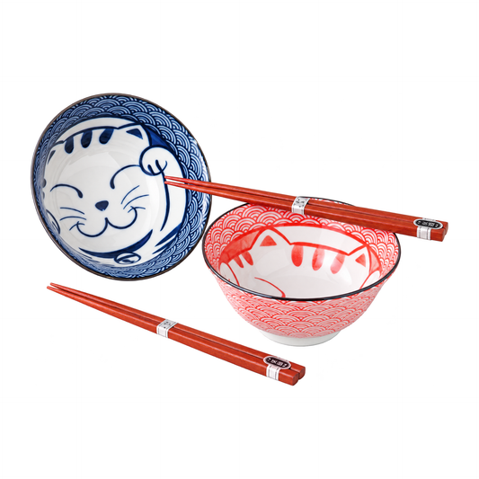 Japanese Lucky Cat Maneki Neko Ramen Bowls and ChopStick Set