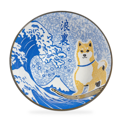 Japanese Mino Ware Shiba Inu Large Ramen Bowl – Pink Sakura & blue Wave Design, 20.5cm