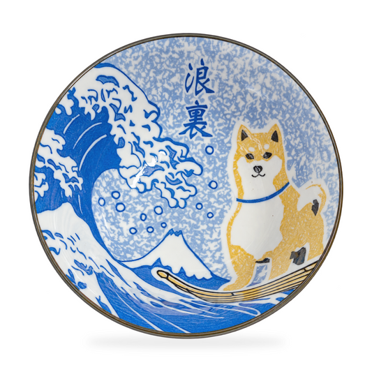 Japanese Mino Ware Shiba Inu Small Ramen Bowl – Pink Sakura & Blue Wave Pattern, 13cm