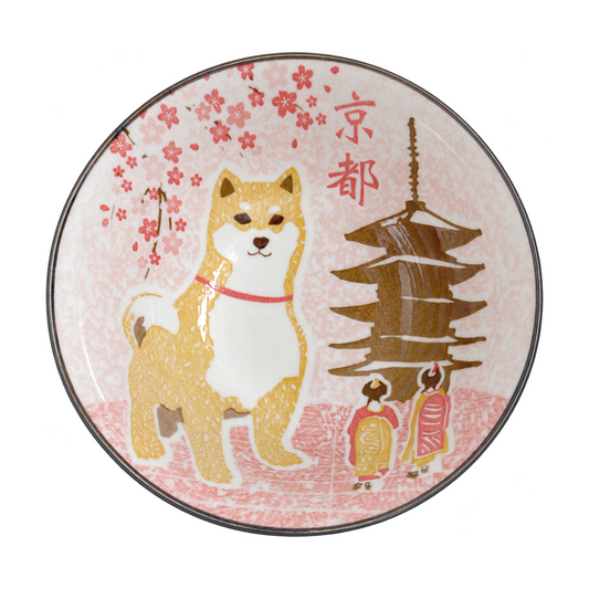 Japanese Mino Ware Shiba Inu Large Ramen Bowl – Pink Sakura & Wave Design, 20.5cm