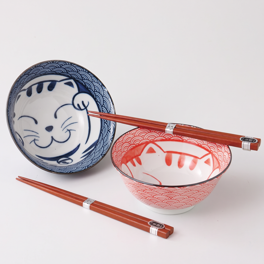 Japanese Lucky Cat Maneki Neko Ramen Bowls and ChopStick Set
