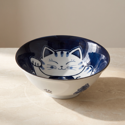 Japanese Lucky Cat (Maneki Neko) Ramen Bowl – Blue & White, 19.7cm