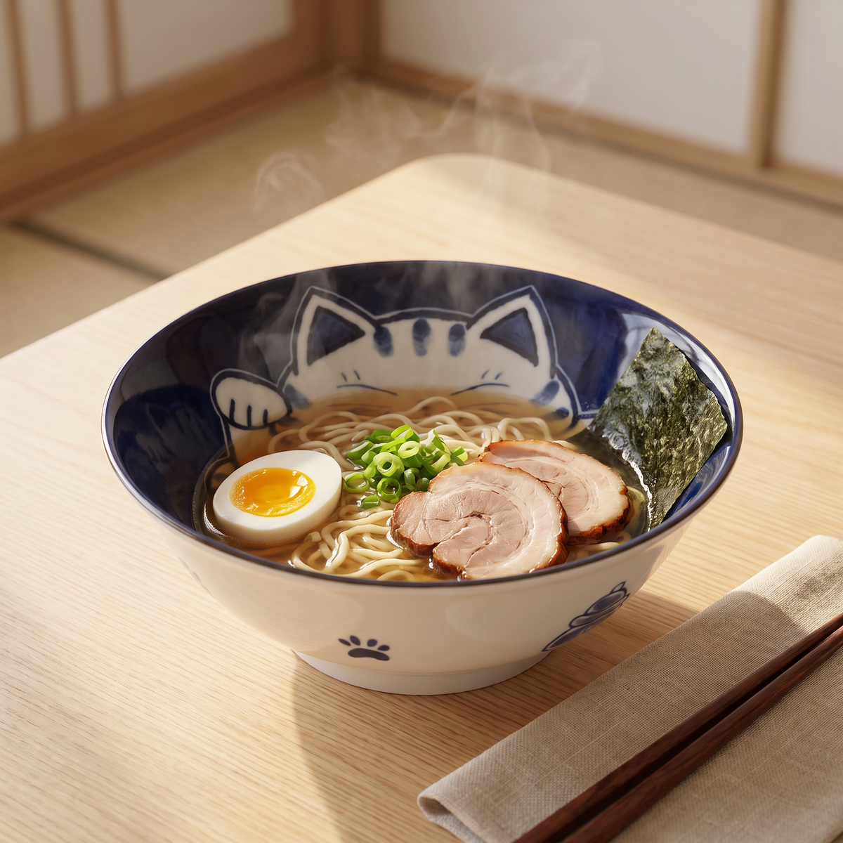 Japanese Lucky Cat (Maneki Neko) Ramen Bowl – Blue & White, 19.7cm