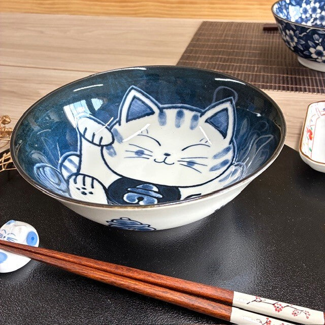Japanese Lucky Cat (Maneki Neko) Ramen Bowl – Blue & White, 19.7cm