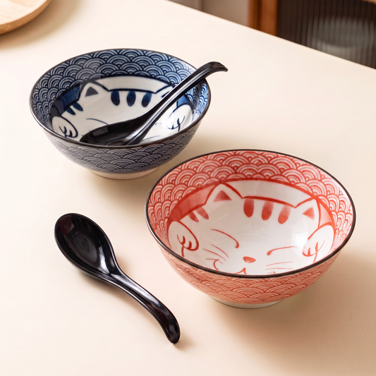 Maneki Neko Cat Bowl Set with Spoon