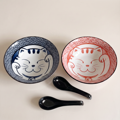 Maneki Neko Cat Bowl Set with Spoon