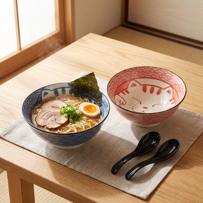 Maneki Neko Cat Bowl Set with Spoon