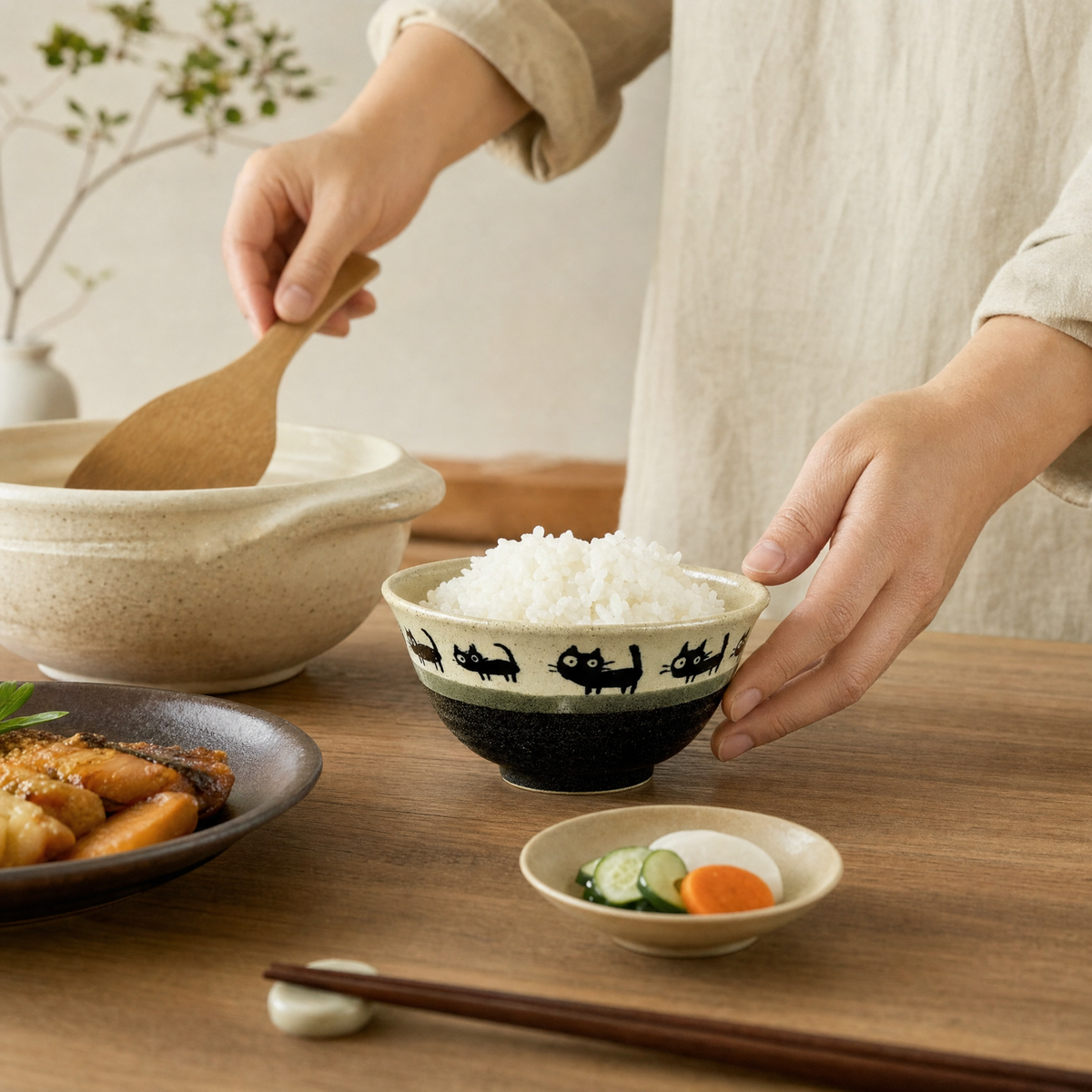 Mino Ware Black Cat Beige Rice Bowl - 11.5cm