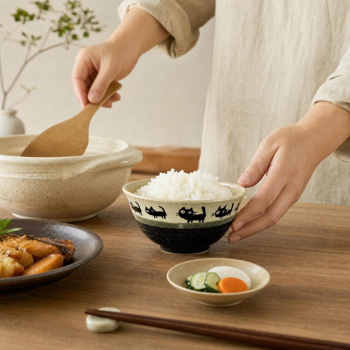Mino Ware Black Cat Beige Rice Bowl - 11.5cm