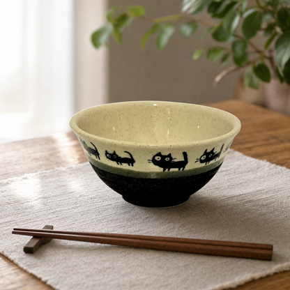 Mino Ware Black Cat Beige Rice Bowl - 11.5cm