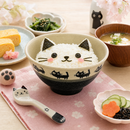 Mino Ware Black Cat Beige Rice Bowl - 11.5cm