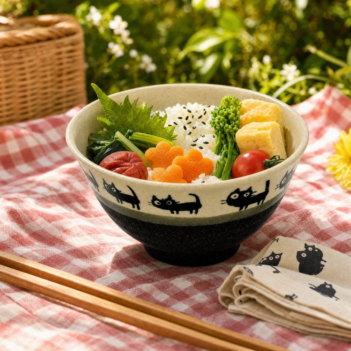 Mino Ware Black Cat Beige Rice Bowl - 11.5cm