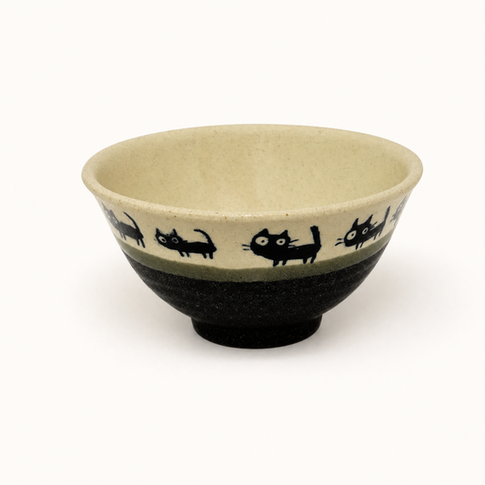 Mino Ware Black Cat Beige Rice Bowl - 11.5cm