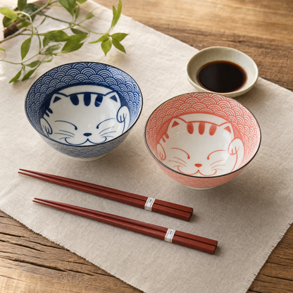 Maneki Neko Bowl and ChopStick Set